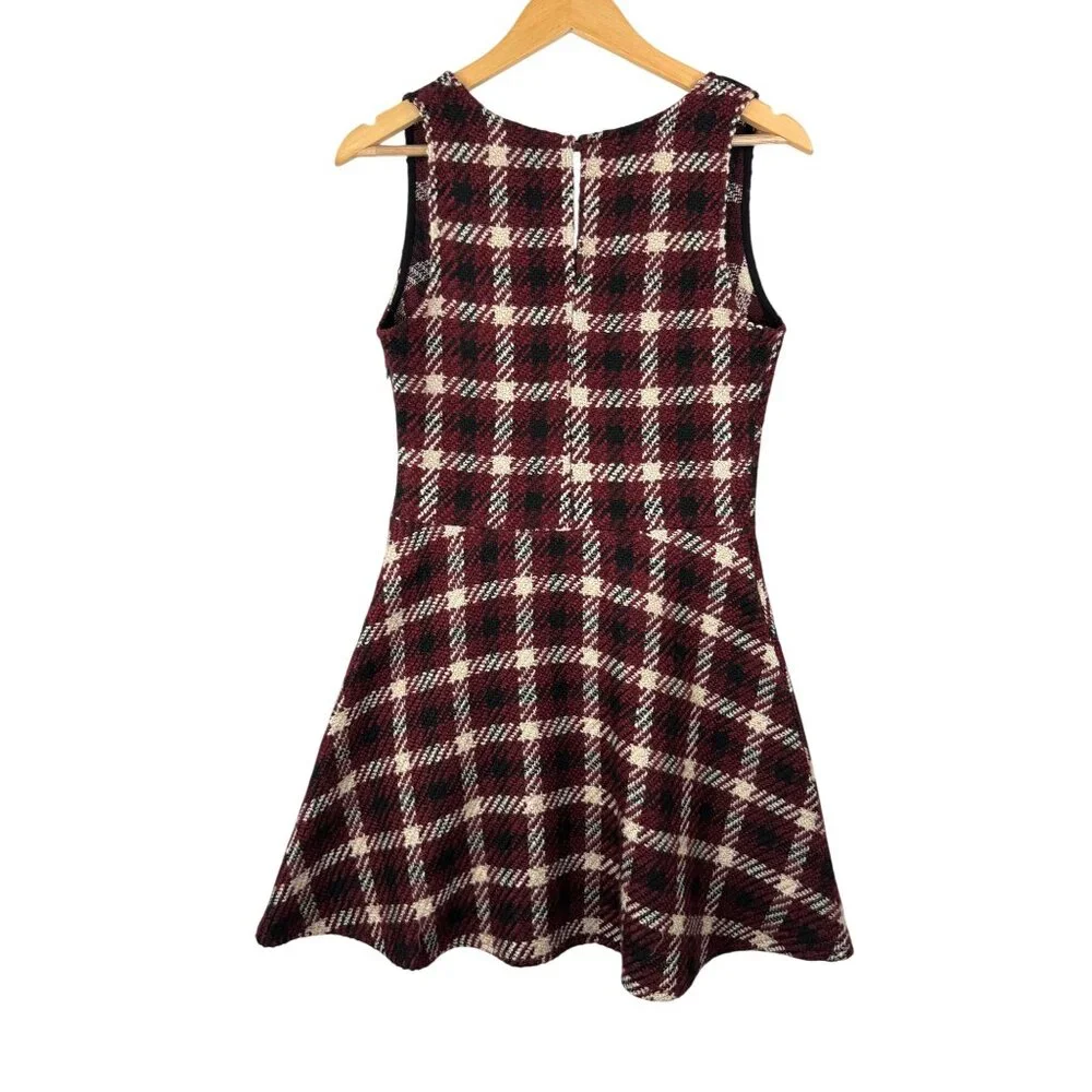 Zara Tweed plaid skater dress red‎ cream 90s Y2K sz S